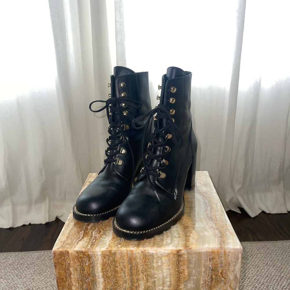 Stuart Weitzman Black Leather Lace-Up Ankle Boots with Gold Hardware